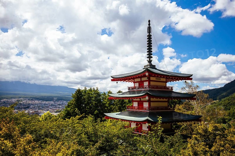 FUJIYOSHIDA CITY, JAPAN - SEPT 17TH, 2024: Arakura Fuji Sengen-jinja Shrine in Arakurayama Sengen Park on a hot autumn morning in Fujiyoshida City, Japan, Asia