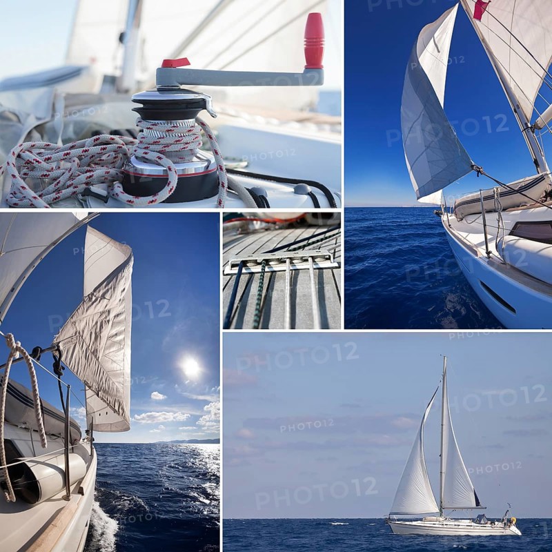 Collage of sailing boat staff: winch with rope, yacht crop, sailboat in the sea