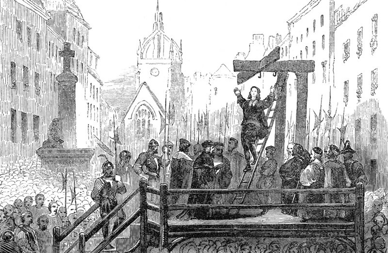 Die Hinrichtung von Hugh M'Kail, ca. 1640-1662, Marktschreier von Edinburgh, aufgehängt an einem Gibbeton am 20. Dezember