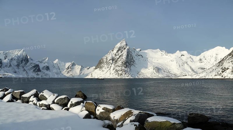 Winter in Hamnøy on the Lofoten island of Moskenesøya. Winter on the archipelago of Lofoten in Norway