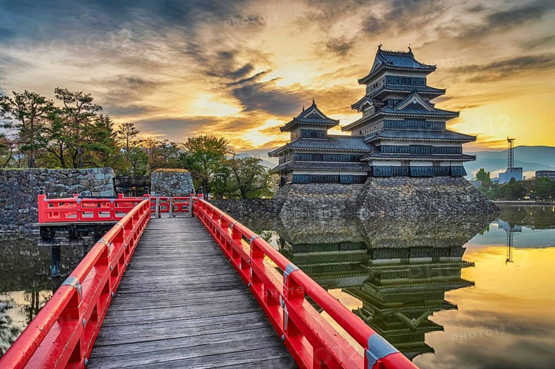 Matsumoto Nagano Japan, sunrise city skyline at Matsumoto Castle with autumn foliage season