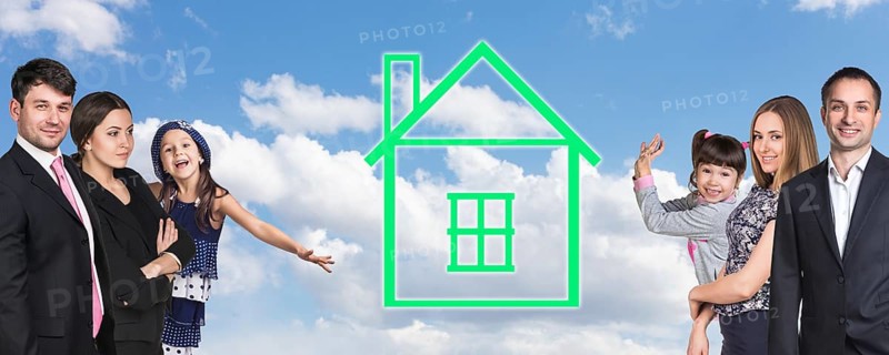 Happy caucasian family on the background of sky with home logo