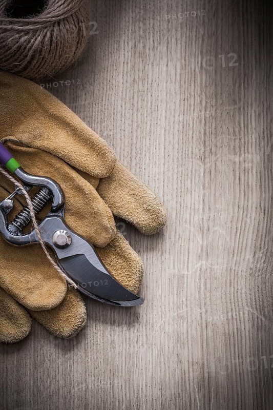 Pair of leather safety gloves sharp metal secateurs and skein of twine on wooden background agriculture concept