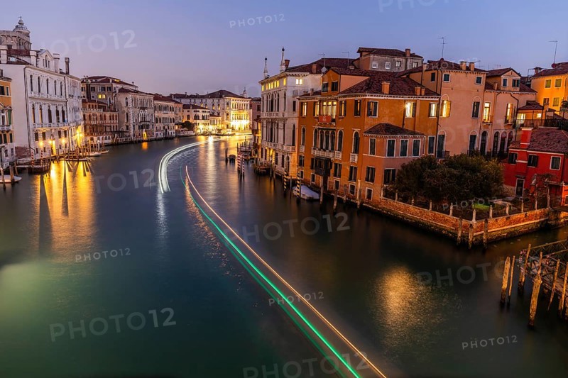 Morning atmosphere in front of sunrise, blue hour at dawn, view of the Grand Canal from the Ponte dell' Accademia, long exposure, Venice, Italy, Europe