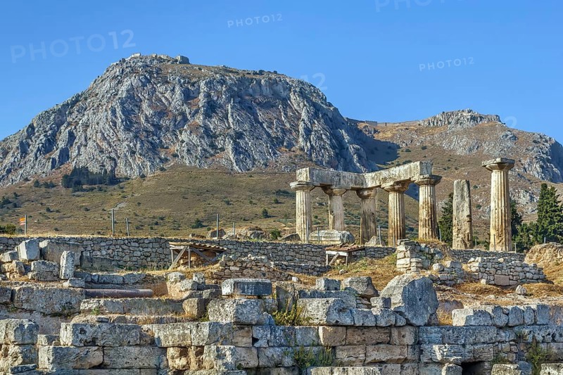 The ruins of the Temple of Apollo in ancient Corinth, Greece, Europe