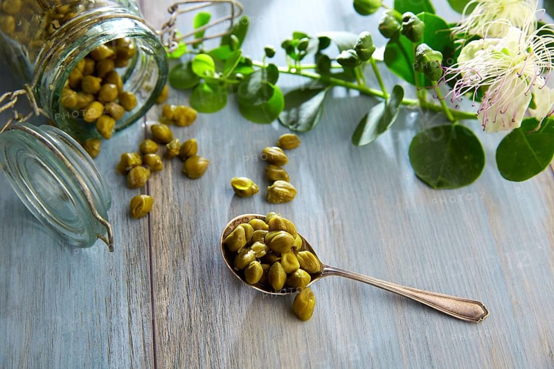 Capers pickled with plant and caper plant flower on vintage spoon