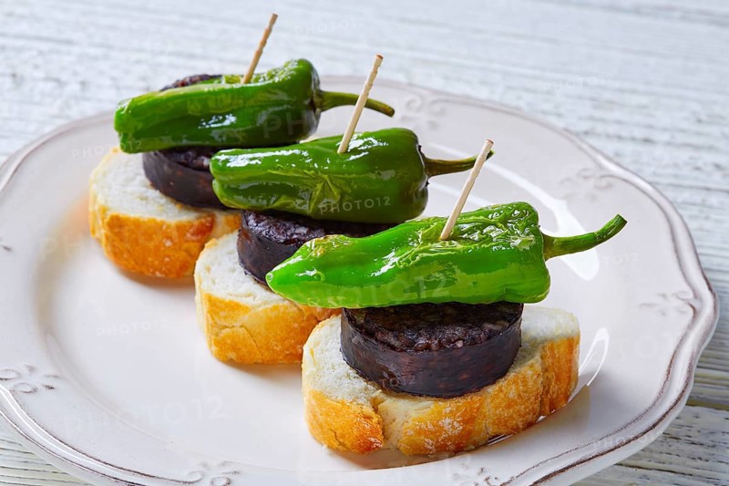 Pinchos Burgos morcilla with padron pepper tapas pintxos from Spain food