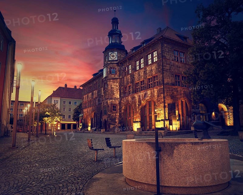 Stadt Nordhausen Rathaus sunset city hall with Roland figure in Thuringia Germany