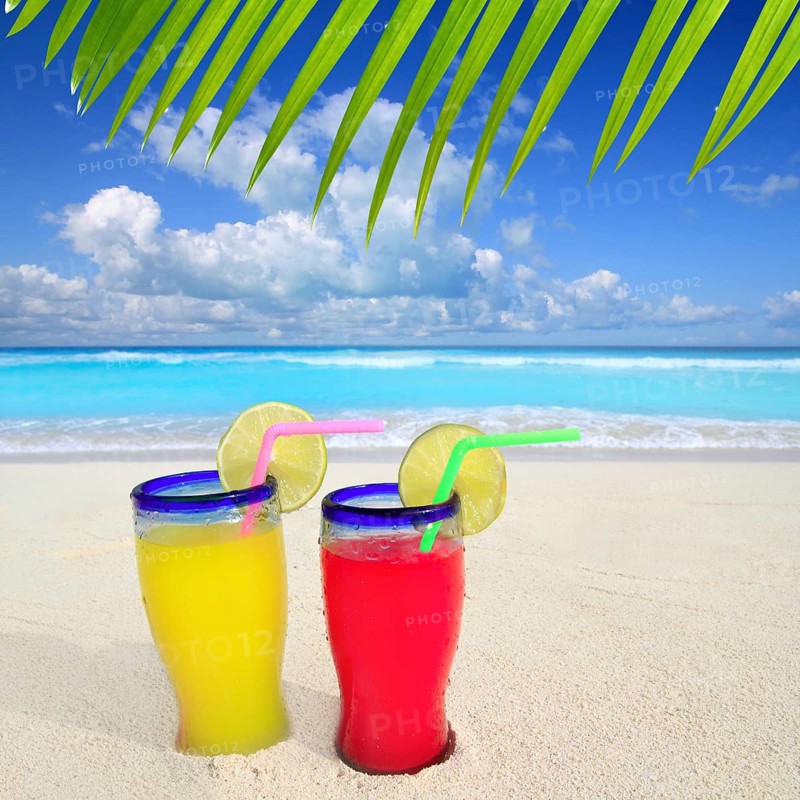 Beach tropical cocktails palm tree leafl turquoise beach on Caribbean Sea
