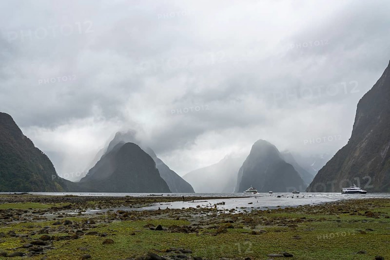 Magnificent panoramic view of Milford Sound during rainy weather, South Island of New Zealand