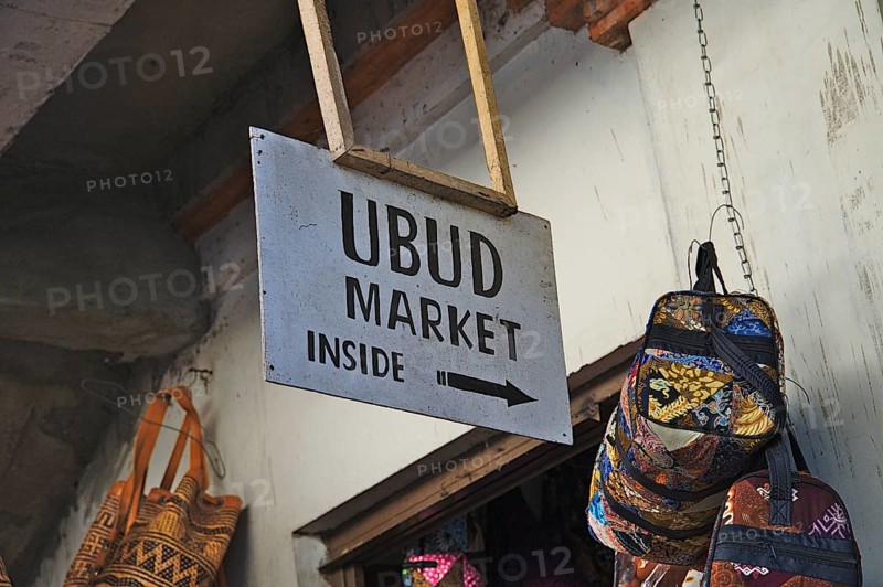 Ubud market sign, some bags and part of the entrance door