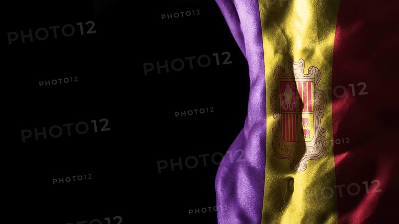 Andorra flag on abs muscles national sport workout, bodybuilding concept, black background