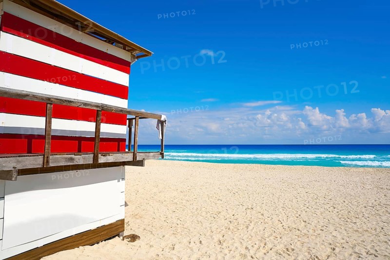 Cancun Playa Delfines beach baywatch tower in Riviera Maya of Mexico
