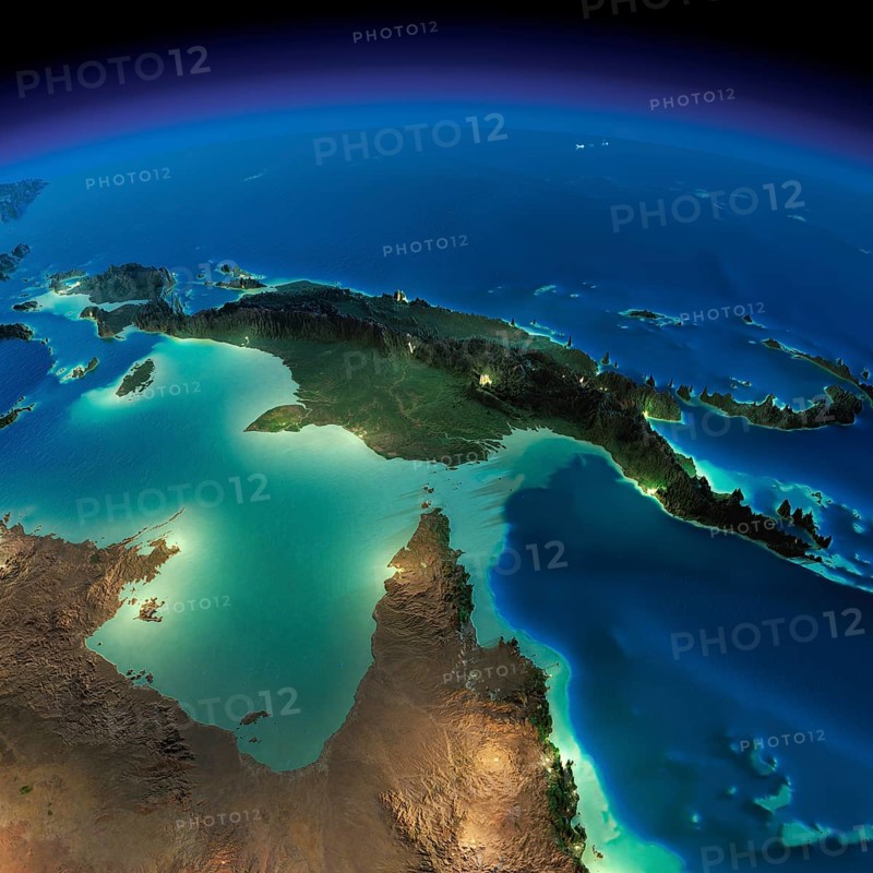 Highly detailed Earth, illuminated by moonlight. The glow of cities sheds light on the detailed exaggerated terrain and translucent water of the oceans. Night Earth. Australia and Papua New Guinea. Elements of this image furnished by NASA