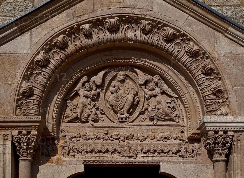 St-Julien-de-Jonzy Burgundy Parish Church West portal 12th century Tympanum Christ in the mandorla carried by angels in the architrave Last Supper and washing of feet, St, Saint, Saint