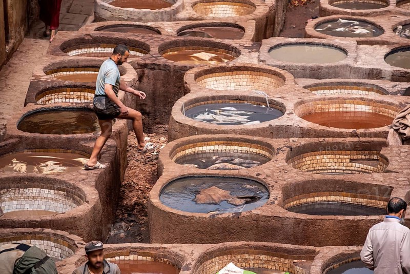 FES, MOROCCO, ARIL 10, 2023, Famous tannery in the medina of Fes, where leather is being processed for generations, Morocco, Africa