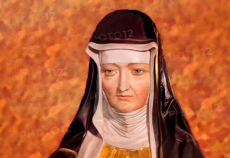 Figure of Hildegard of Bingen, Sibyl of the Rhine, 1098 – 1179, German Benedictine abbess and polymath, digitally edited