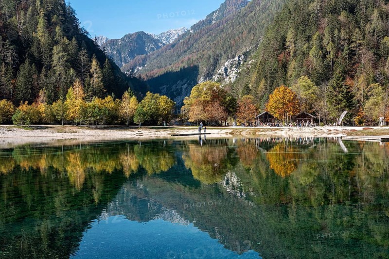 Scenic autumn forest at Crystal Lake in the Julian Alps, Slovenia, Europe
