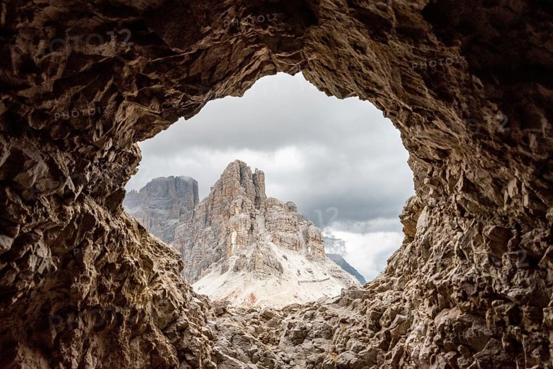 View out of a loophole of the Mount Lagazuoi tunnels, built during the First World War, the Dolomite Alps in South Tirol