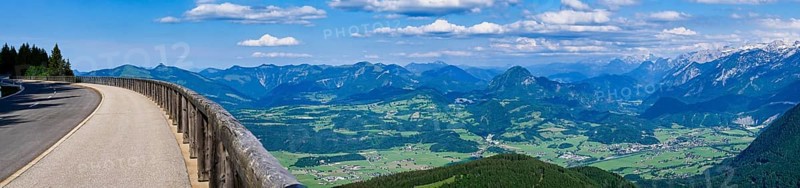 Panorama from the Roßfeld panoramic road with Salzach valley, Salzburg Alps, Dachstein, Tennengebirge mountains
