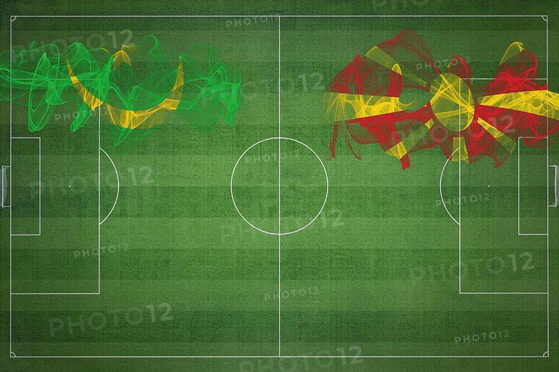 Mauritania vs North Macedonia Soccer Match, national colors, national flags, soccer field, football game, Competition concept, Copy space