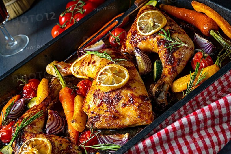 Grilled chicken legs with various vegetables and herbs