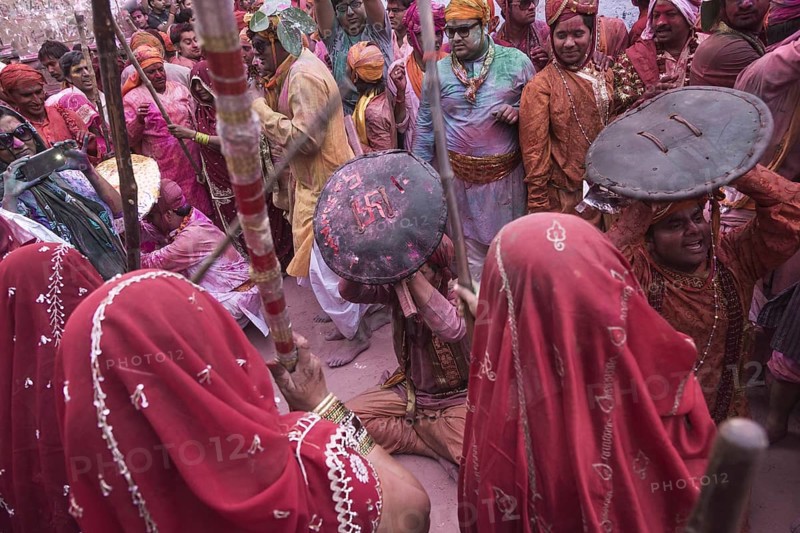 People celebrating holi festival, mathura, uttar pradesh, india, asia