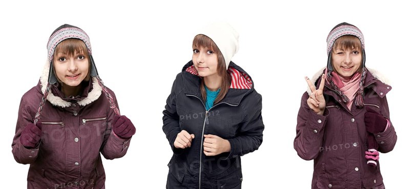 Collage beautiful young girl in winter to cloth on white background. Picture built from several pictures