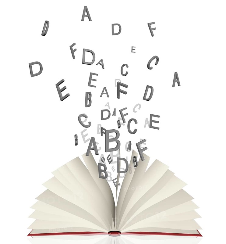Open book with flying letters lying isolated on white