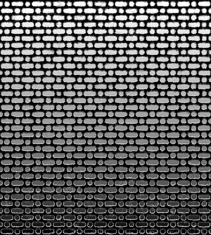 A black and white image of a brick wall with a gradient effect, creating a repetitive and abstract urban texture