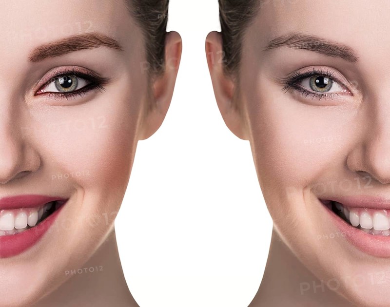 Comparative portrait of female face, without and with makeup