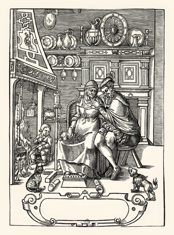 Interior of a room with a young man courting for a rich old widow, anonymous French woodcut around 1580, digitally restored