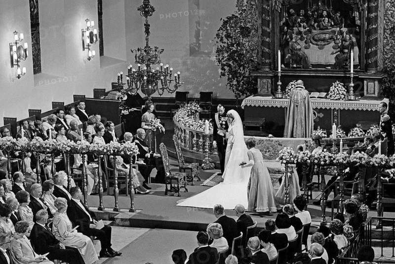 King Harald of Norway. Pictured when being crown prince with his wife Sonja at their wedding in Oslo domkyrka on august 29 1968