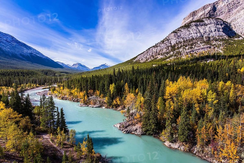 Abraham Lake is the most beautiful lake in the Rockies. Dense forests cover the lake shores. Warm sunny day in autumn. The concept of ecological and active tourism