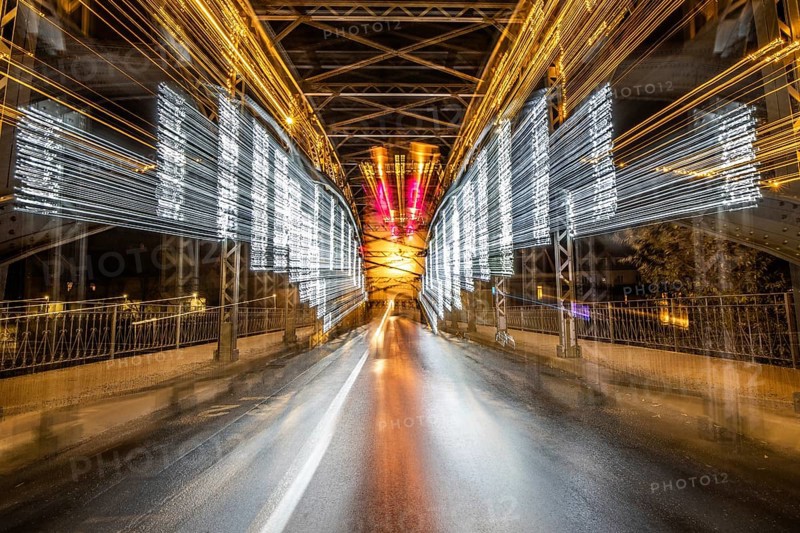 Illuminated bridge, Waasenbrücke, behind Schwammerlturm, night shot, zoom effect, Leoben, Styria, Austria, Europe