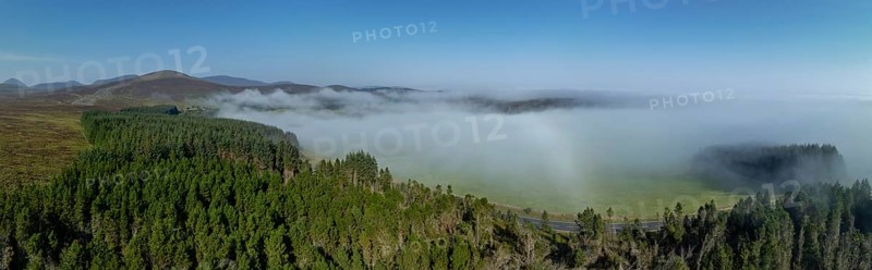 Coastal fog in the Scottish Highlands with hills, drone image, Broch of Ousdale, Berriedale, Scotland, Great Britain