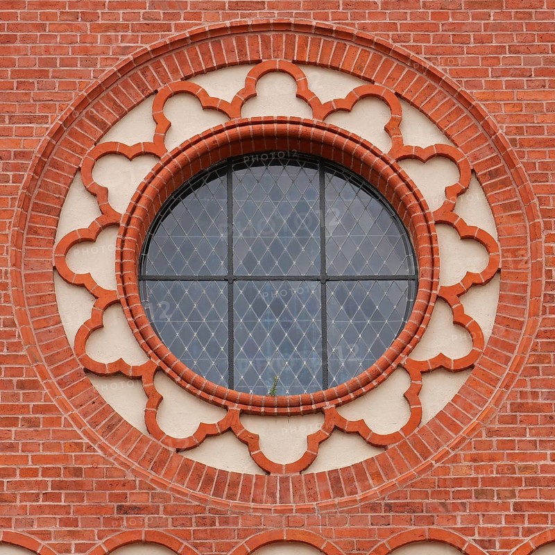 Rosette on the Protestant country church in Schelldorf an der Elbe. Saxony-Anhalt, Germany, Europe