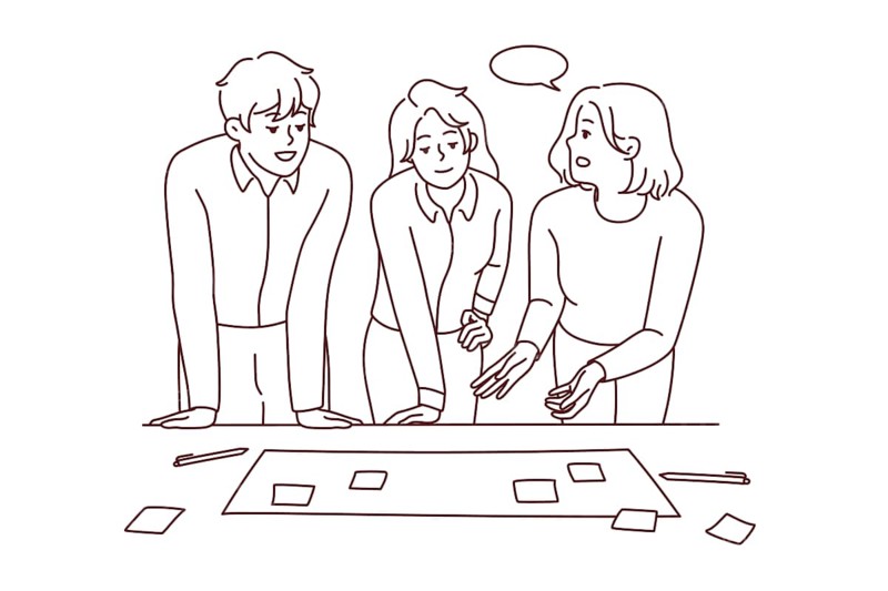 Businesspeople brainstorm at office meeting discuss business ideas with sticky notes together. Smiling employees or colleagues engaged in teamwork activity. Vector illustration