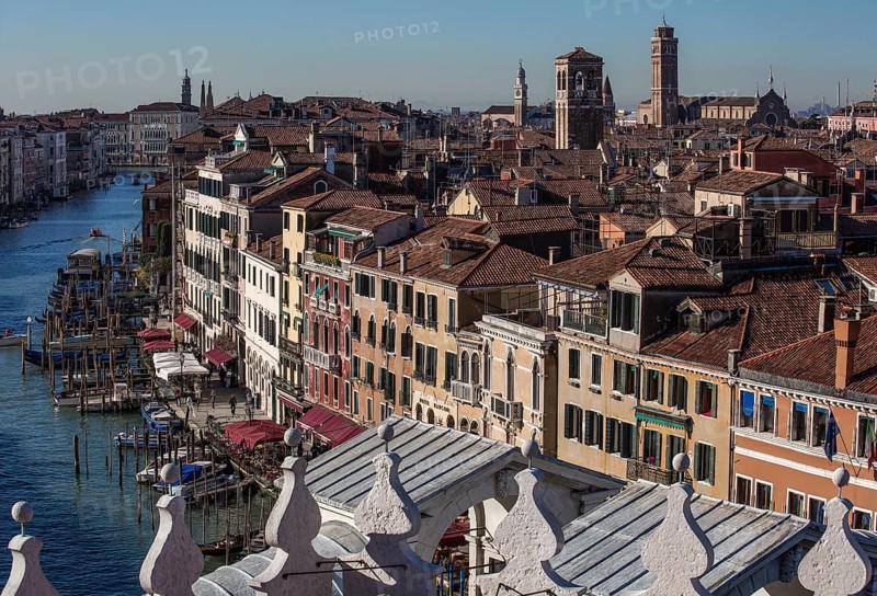 Italy Venice Grand Canal -452 View from the roof of the Fondaca dei Tedeschi to the west right Campanile of San Silvestro far right Frari church