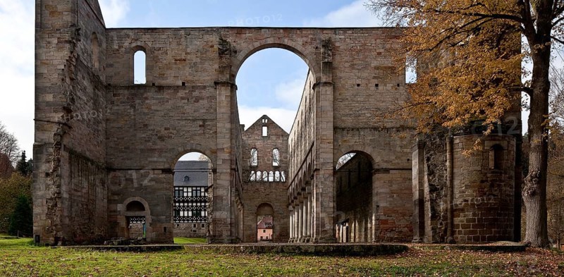 Paulinzella, monastery ruins. Main construction period 1105-24 since 16-17th century Ruin View from the east in front the six monolithic column shafts replaced in 1963-69, St., Sankt, Saint