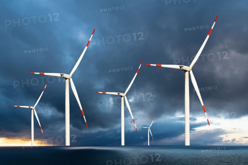 Wind turbines in the North Sea, thunderstorm, Lower Saxony, Federal Republic of Germany