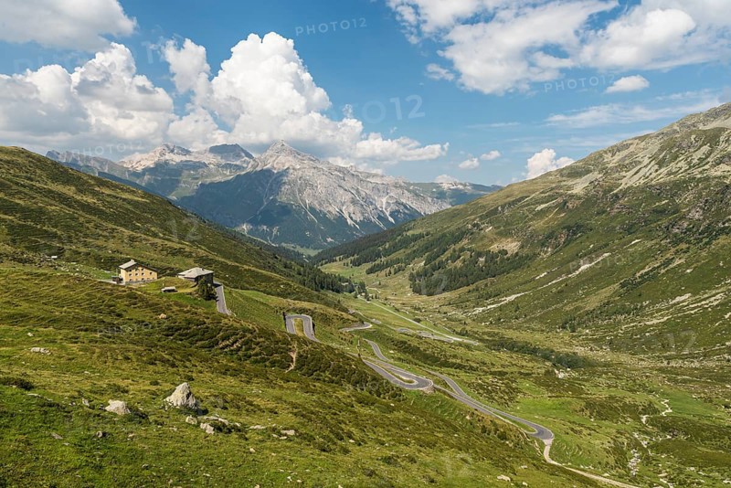 View of the hairpin bends of the Splügen Pass road, Splügen, Canton Graubünden, Switzerland, Europe