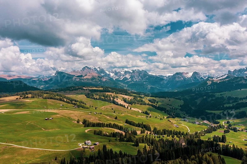 Panoramic view from the Seiser Alm to the Dolomites in Italy, drone shot