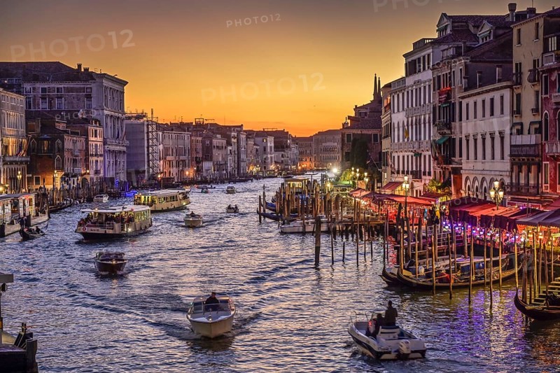 Evening view of the Grand Canal, on the right the Riva del Vin, jetty, gondolas, boats, Venice, Veneto, Italy, Europe