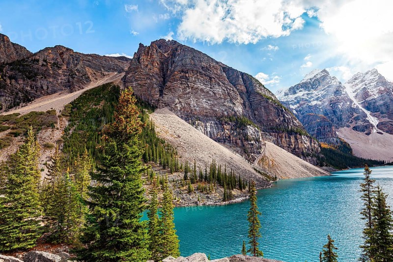 Canada. The most beautiful mountain lake Moraine. The lake water has a unique blue-azure color. The picturesque valley of the Ten Peaks surrounds the magnificent lake