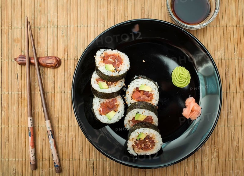 Plate of sushi in restaurant