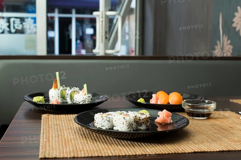 Plate of sushi in restaurant