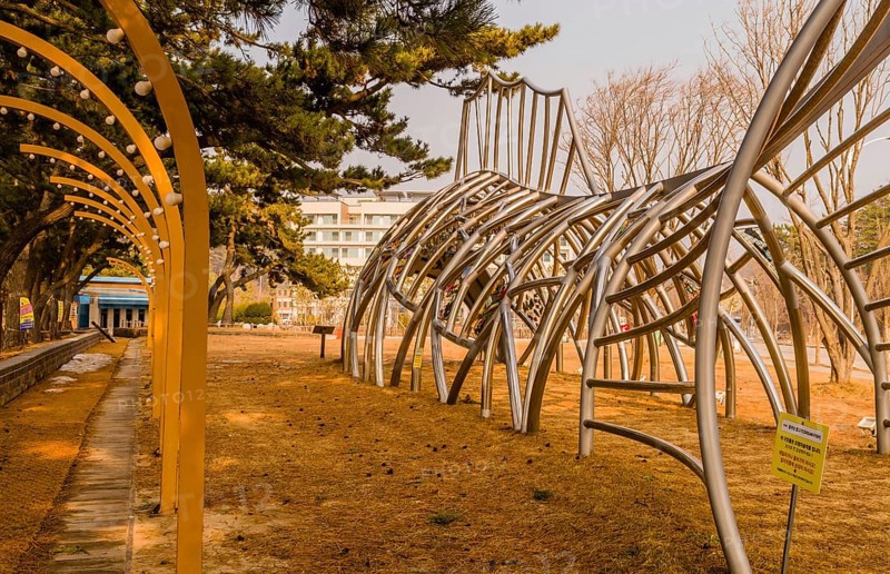 Buan Beach, South Korea, Jan. 5, 2023: Side view of metal sculpture of fish called Dream Fish by Ja Yeon Hee, Asia
