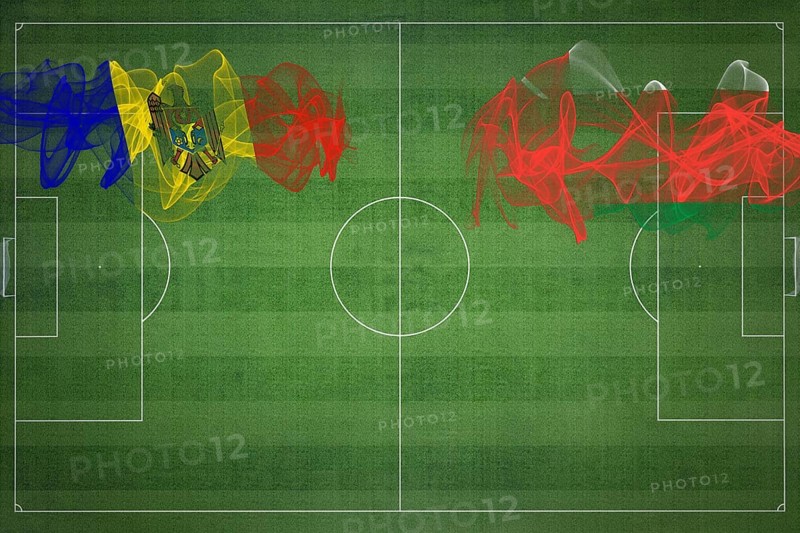 Moldova vs Oman Soccer Match, national colors, national flags, soccer field, football game, Competition concept, Copy space