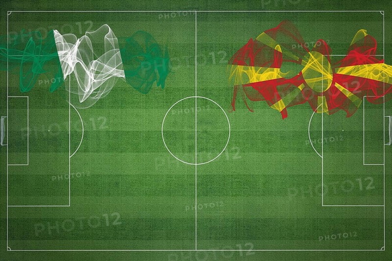 Nigeria vs North Macedonia Soccer Match, national colors, national flags, soccer field, football game, Competition concept, Copy space
